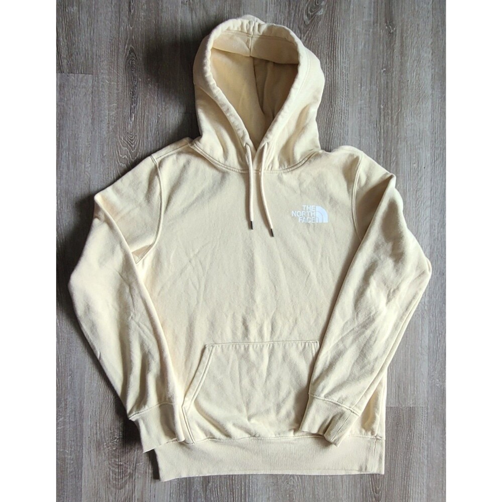 The North Face Men’s Medium Box Logo Hoodie Cream Yellow Never Stop Exploring
